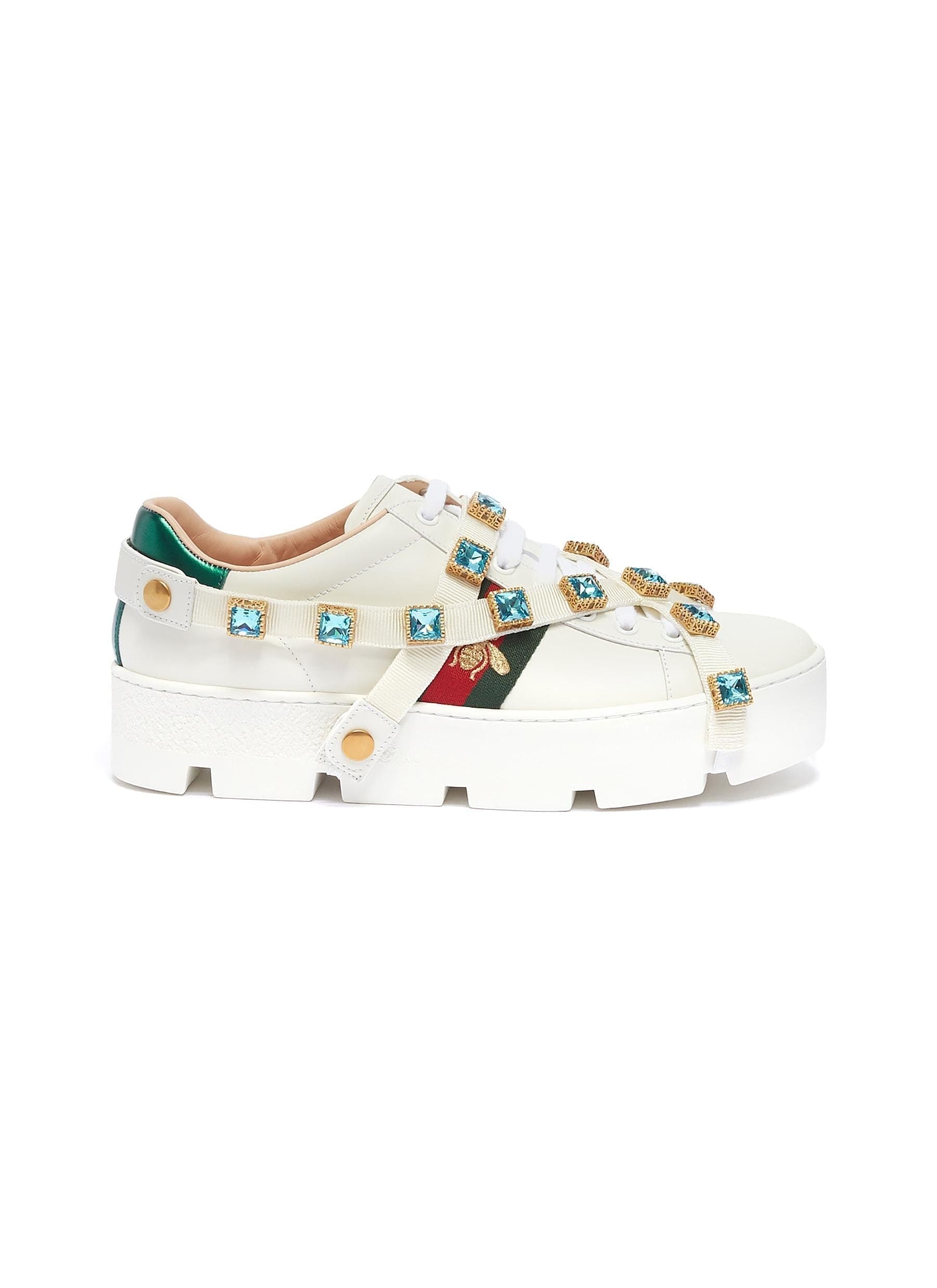 'Ace' glass crystal strap leather flatform sneakers - Gucci | hanabish7